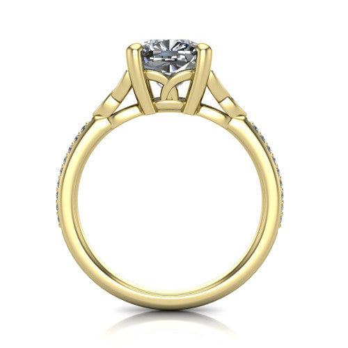 Samara cushion-cut Celtic engagement ring in 18K Yellow Gold, through-finger front profile showing the trinity-knot gallery and pavé band