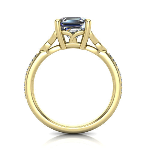 Samara square emerald-cut Celtic engagement ring in 14K Yellow Gold, through-finger front profile showing the trinity-knot gallery and pavé band