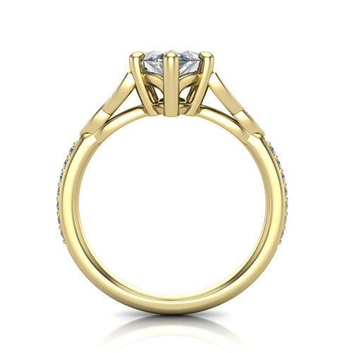 Samara marquise-cut Celtic engagement ring in 14K Yellow Gold, through-finger front profile showing the trinity-knot gallery and pavé band