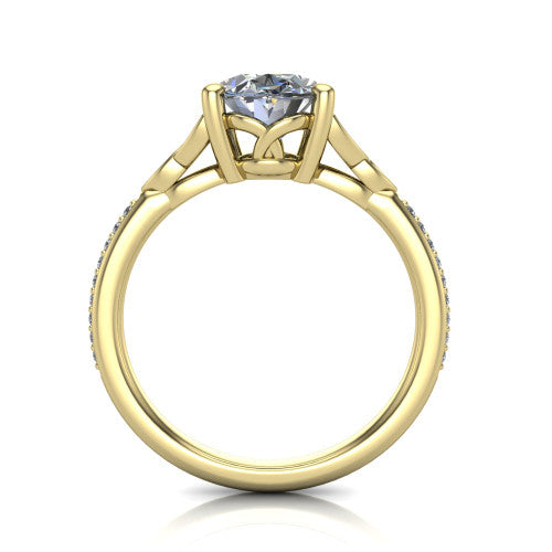 Samara oval Celtic engagement ring in 14K Yellow Gold, through-finger front profile showing the trinity-knot gallery and pavé band