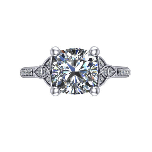 Samara cushion-cut Celtic engagement ring in 18K White Gold, top-down view showing the cushion-cut center diamond flanked by Celtic knot shoulders