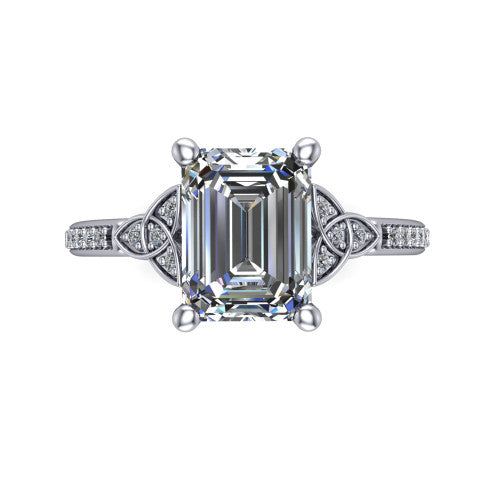 Samara emerald-cut Celtic engagement ring in 18K White Gold, top-down view showing the emerald-cut center diamond flanked by Celtic knot shoulders