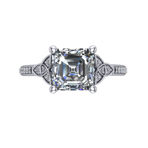 Samara square emerald-cut Celtic engagement ring in Platinum, top-down view showing the square emerald-cut center diamond flanked by Celtic knot shoulders