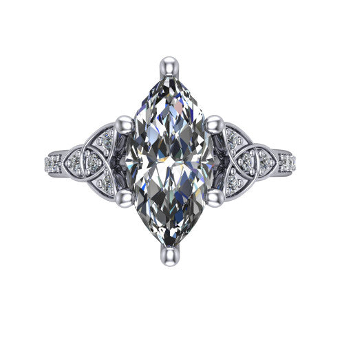 Samara marquise-cut Celtic engagement ring in Platinum, top-down view showing the marquise-cut center diamond flanked by Celtic knot shoulders
