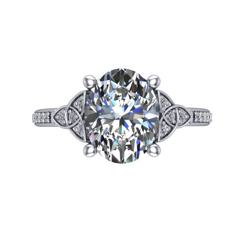 Samara oval Celtic engagement ring in 18K White Gold, top-down view showing the oval center diamond flanked by Celtic knot shoulders