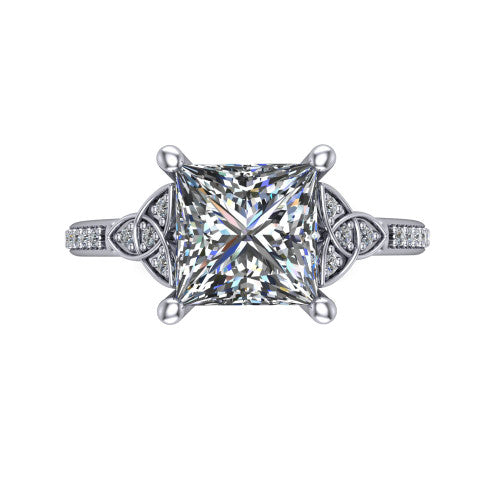 Samara princess-cut Celtic engagement ring in Platinum, top-down view showing the princess-cut center diamond flanked by Celtic knot shoulders