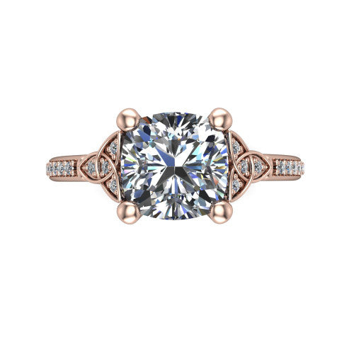 Samara cushion-cut Celtic engagement ring in 18K Rose Gold, top-down view showing the cushion-cut center diamond flanked by Celtic knot shoulders