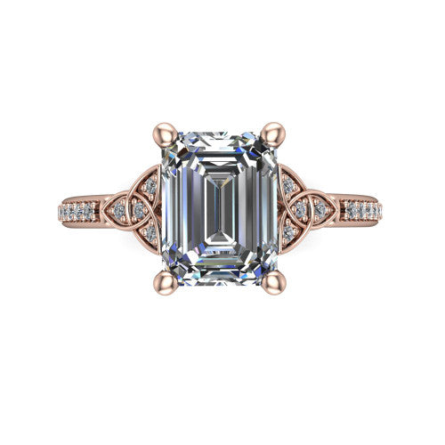 Samara emerald-cut Celtic engagement ring in 14K Rose Gold, top-down view showing the emerald-cut center diamond flanked by Celtic knot shoulders
