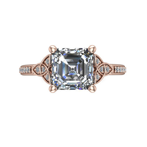 Samara square emerald-cut Celtic engagement ring in 14K Rose Gold, top-down view showing the square emerald-cut center diamond flanked by Celtic knot shoulders