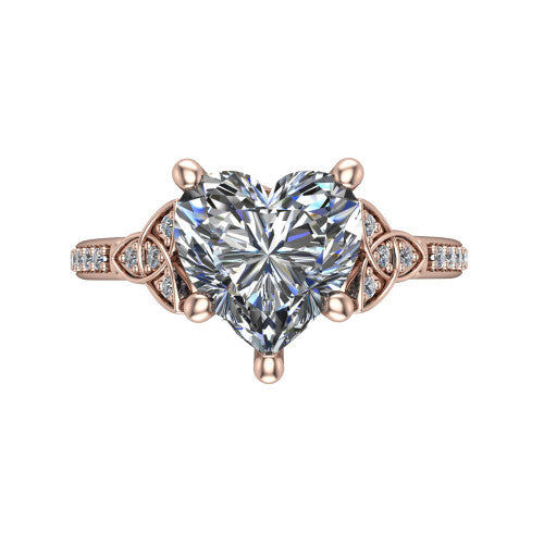 Samara heart-shaped Celtic engagement ring in 18K Rose Gold, top-down view showing the heart-shaped center diamond flanked by Celtic knot shoulders