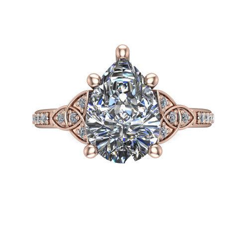 Samara pear-shaped Celtic engagement ring in 18K Rose Gold, top-down view showing the pear-shaped center diamond flanked by Celtic knot shoulders