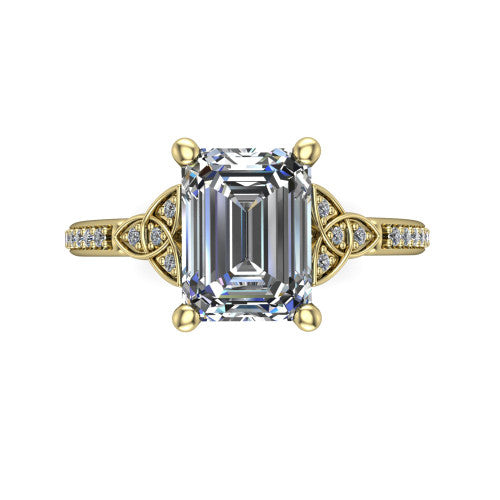 Samara emerald-cut Celtic engagement ring in 18K Yellow Gold, top-down view showing the emerald-cut center diamond flanked by Celtic knot shoulders