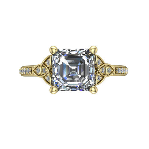 Samara square emerald-cut Celtic engagement ring in 18K Yellow Gold, top-down view showing the square emerald-cut center diamond flanked by Celtic knot shoulders
