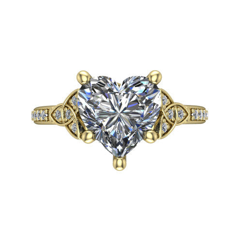 Samara heart-shaped Celtic engagement ring in 18K Yellow Gold, top-down view showing the heart-shaped center diamond flanked by Celtic knot shoulders