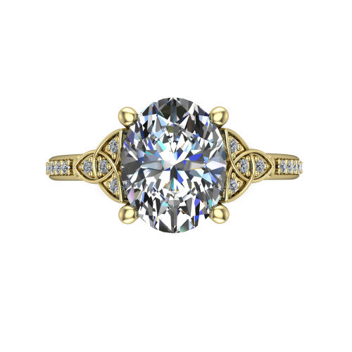 Samara oval Celtic engagement ring in 14K Yellow Gold, top-down view showing the oval center diamond flanked by Celtic knot shoulders