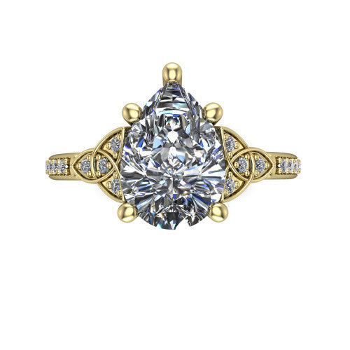 Samara pear-shaped Celtic engagement ring in 14K Yellow Gold, top-down view showing the pear-shaped center diamond flanked by Celtic knot shoulders