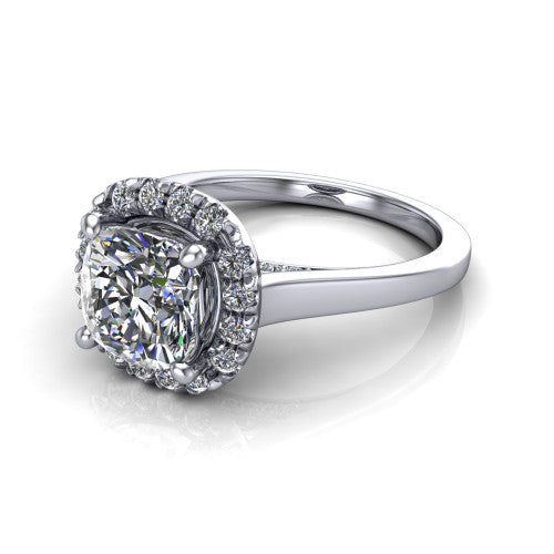 Helen cushion-cut halo engagement ring in 18K White Gold, three-quarter perspective showing the cushion-cut center diamond, pavé halo, and polished band