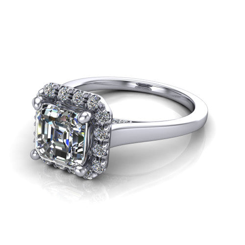 Helen square emerald-cut halo engagement ring in 18K White Gold, three-quarter perspective showing the square emerald-cut center diamond, pavé halo, and polished band