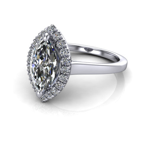 Helen marquise-cut halo engagement ring in 18K White Gold, three-quarter perspective showing the marquise-cut center diamond, pavé halo, and polished band