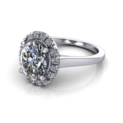 Helen oval halo engagement ring in 18K White Gold, three-quarter perspective showing the oval center diamond, pavé halo, and polished band