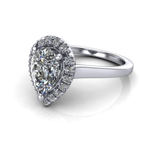 Helen pear-shaped halo engagement ring in 18K White Gold, three-quarter perspective showing the pear-shaped center diamond, pavé halo, and polished band