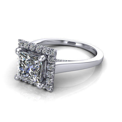 Helen princess-cut halo engagement ring in 14K White Gold, three-quarter perspective showing the princess-cut center diamond, pavé halo, and polished band