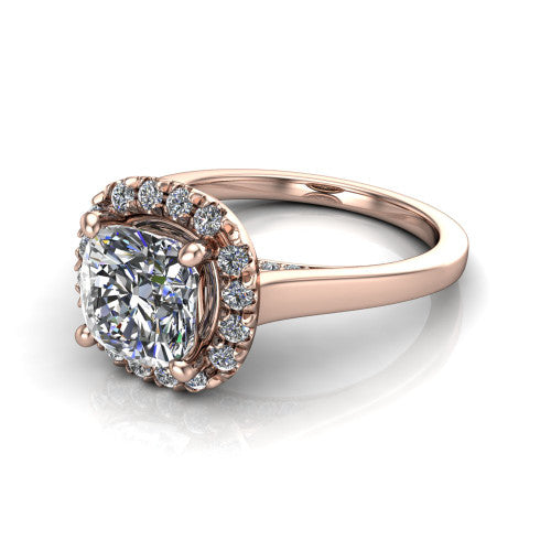 Helen cushion-cut halo engagement ring in 18K Rose Gold, three-quarter perspective showing the cushion-cut center diamond, pavé halo, and polished band