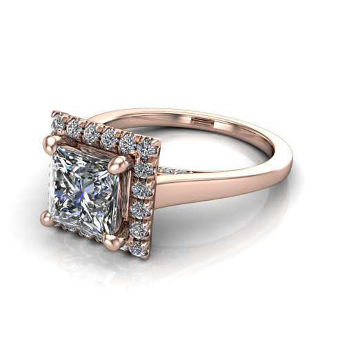 Helen princess-cut halo engagement ring in 18K Rose Gold, three-quarter perspective showing the princess-cut center diamond, pavé halo, and polished band