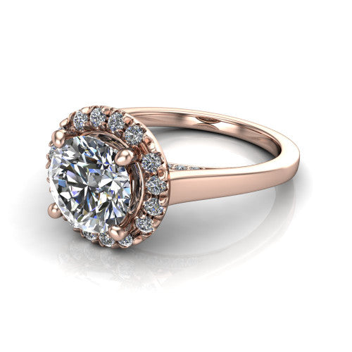 Helen round halo engagement ring in 14K Rose Gold, three-quarter perspective showing the round center diamond, pavé halo, and polished band