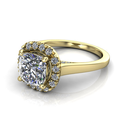 Helen cushion-cut halo engagement ring in 14K Yellow Gold, three-quarter perspective showing the cushion-cut center diamond, pavé halo, and polished band