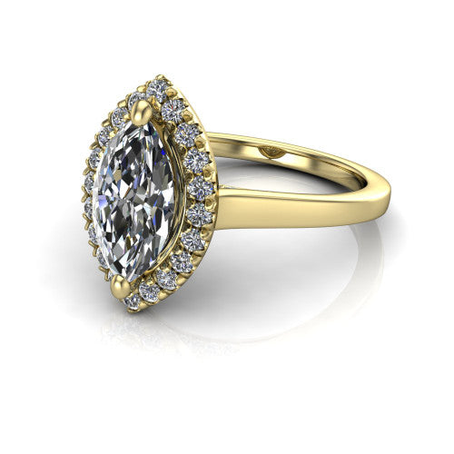 Helen marquise-cut halo engagement ring in 14K Yellow Gold, three-quarter perspective showing the marquise-cut center diamond, pavé halo, and polished band