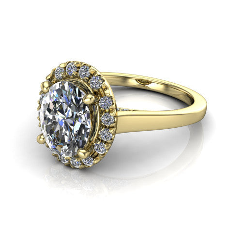 Helen oval halo engagement ring in 14K Yellow Gold, three-quarter perspective showing the oval center diamond, pavé halo, and polished band
