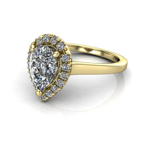 Helen pear-shaped halo engagement ring in 18K Yellow Gold, three-quarter perspective showing the pear-shaped center diamond, pavé halo, and polished band