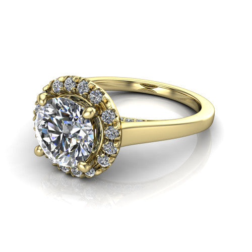 Helen round halo engagement ring in 14K Yellow Gold, three-quarter perspective showing the round center diamond, pavé halo, and polished band