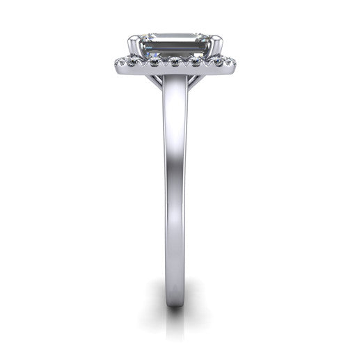 Helen emerald-cut halo engagement ring in 14K White Gold, side profile showing the pavé halo, under-gallery, and polished band