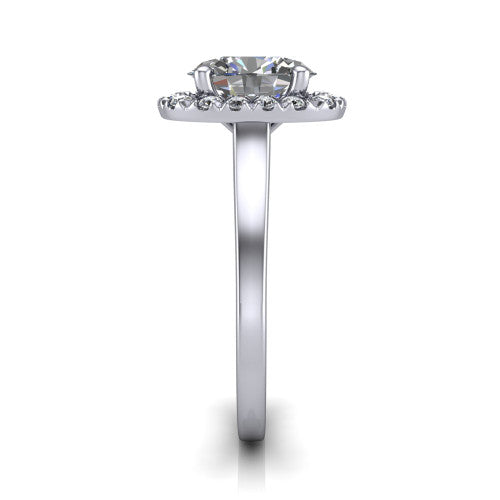 Helen oval halo engagement ring in 14K White Gold, side profile showing the pavé halo, under-gallery, and polished band