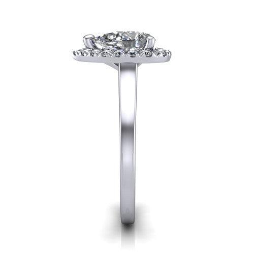 Helen pear-shaped halo engagement ring in Platinum, side profile showing the pavé halo, under-gallery, and polished band