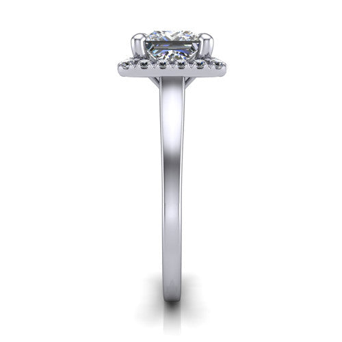 Helen princess-cut halo engagement ring in Platinum, side profile showing the pavé halo, under-gallery, and polished band