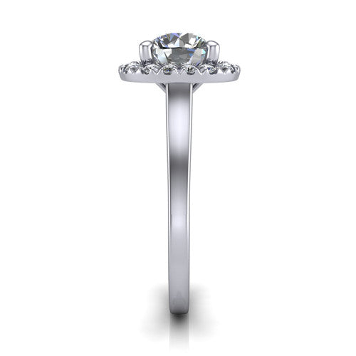 Helen round halo engagement ring in 18K White Gold, side profile showing the pavé halo, under-gallery, and polished band