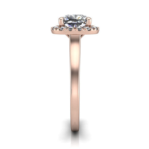 Helen cushion-cut halo engagement ring in 14K Rose Gold, side profile showing the pavé halo, under-gallery, and polished band