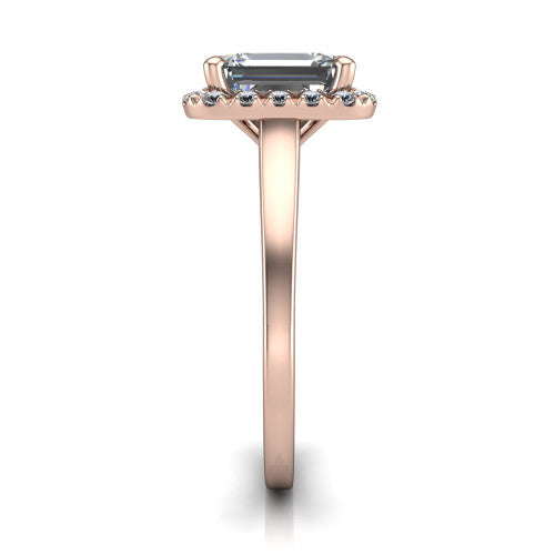 Helen emerald-cut halo engagement ring in 18K Rose Gold, side profile showing the pavé halo, under-gallery, and polished band