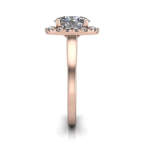Helen oval halo engagement ring in 14K Rose Gold, side profile showing the pavé halo, under-gallery, and polished band