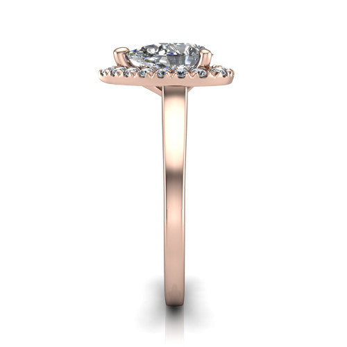 Helen pear-shaped halo engagement ring in 18K Rose Gold, side profile showing the pavé halo, under-gallery, and polished band