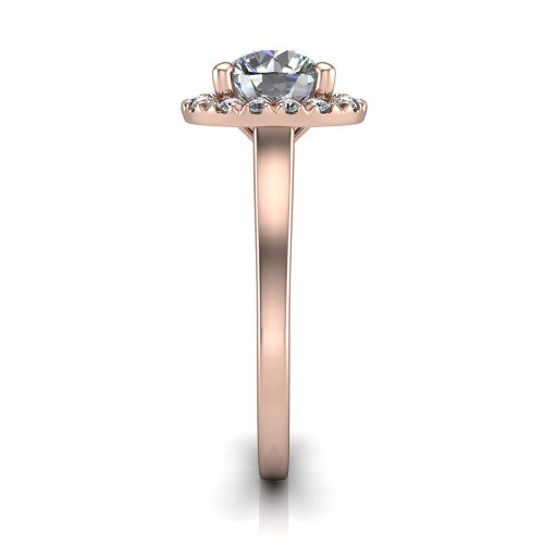 Helen round halo engagement ring in 14K Rose Gold, side profile showing the pavé halo, under-gallery, and polished band