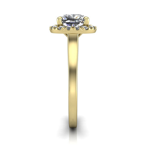 Helen cushion-cut halo engagement ring in 18K Yellow Gold, side profile showing the pavé halo, under-gallery, and polished band
