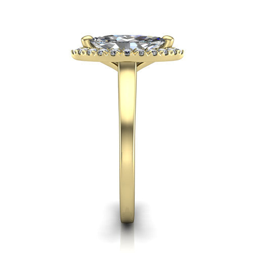 Helen marquise-cut halo engagement ring in 18K Yellow Gold, side profile showing the pavé halo, under-gallery, and polished band