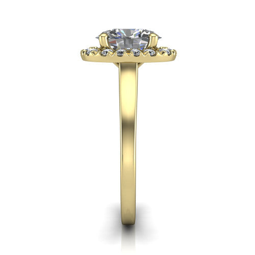 Helen oval halo engagement ring in 18K Yellow Gold, side profile showing the pavé halo, under-gallery, and polished band