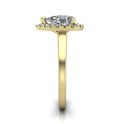 Helen pear-shaped halo engagement ring in 14K Yellow Gold, side profile showing the pavé halo, under-gallery, and polished band