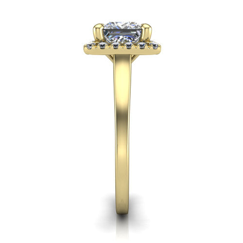 Helen princess-cut halo engagement ring in 18K Yellow Gold, side profile showing the pavé halo, under-gallery, and polished band