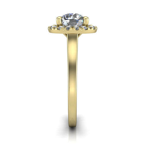 Helen round halo engagement ring in 18K Yellow Gold, side profile showing the pavé halo, under-gallery, and polished band
